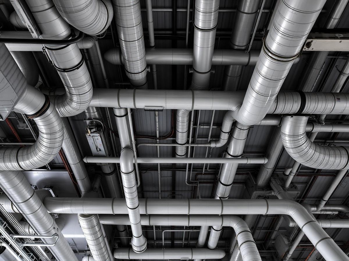 Complex commercial ductwork system overhead