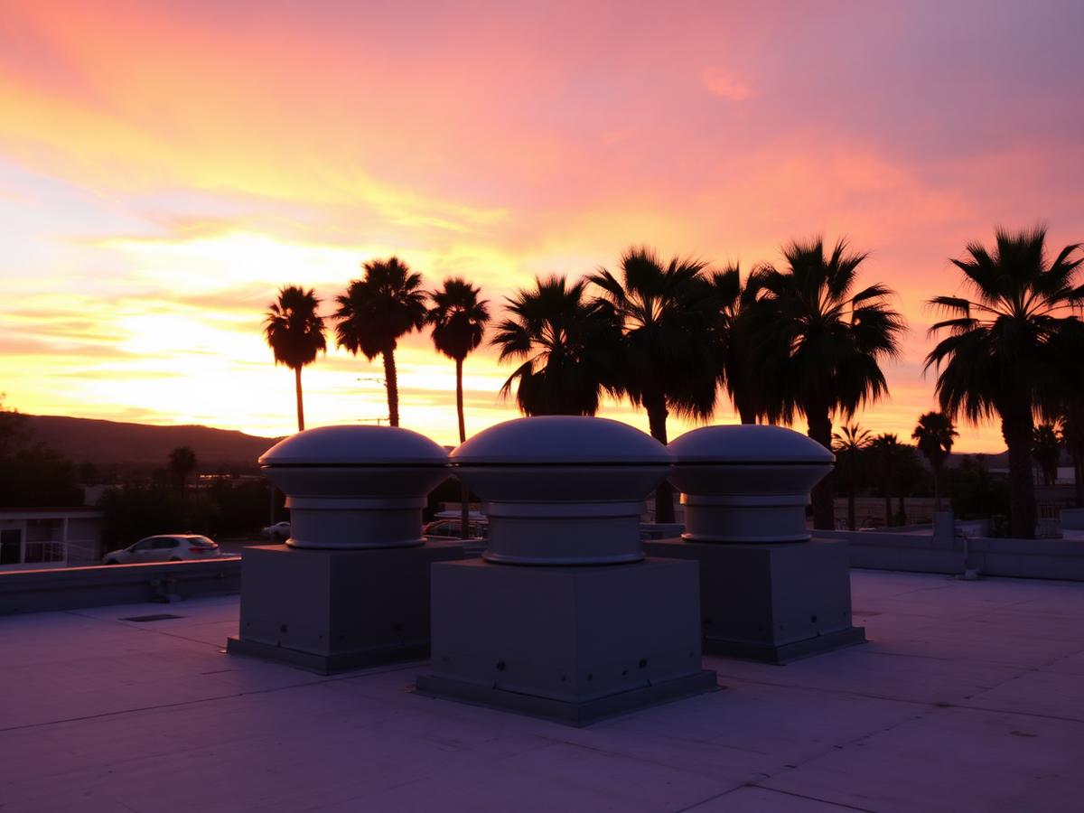 Row of rooftop exhaust units at sunset in Southern California